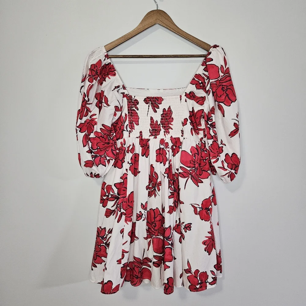 Abercrombie and Fitch Emerson Ruched Puff Sleeve Red White Floral Dress LT - Picture 2 of 7